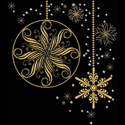 An embroidery design of intricate golden snowflakes and a circular ornament featuring swirling patterns.