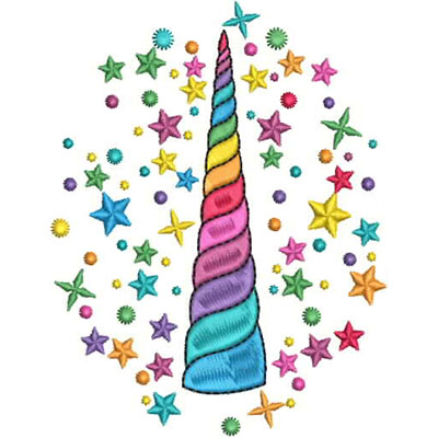 An embroidery design of a colorful unicorn horn surrounded by a swirling pattern of vibrant stars.