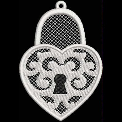 An embroidery design of a heart-shaped padlock featuring intricate scrollwork and a black keyhole detail.
