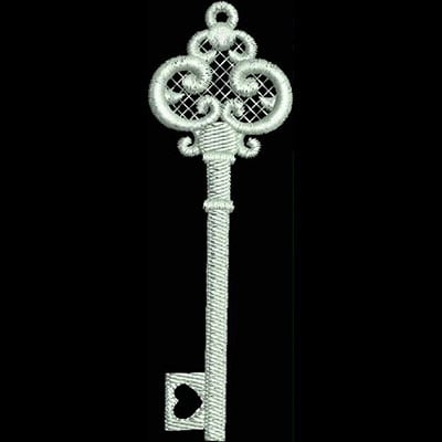 An embroidery design of an ornate key featuring a decorative bow and a heart-shaped cutout at the base.