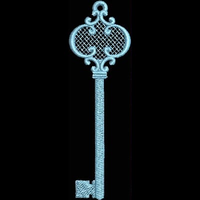 An embroidery design of an ornate key with decorative elements and a textured bow.