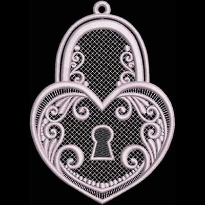 An embroidery design of a heart-shaped padlock featuring intricate swirls and a keyhole at its center.
