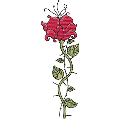 An embroidery design of a vibrant red rose with swirling petals and green leaves on a slender stem.