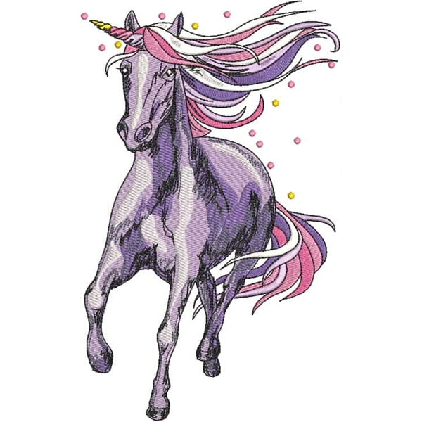 An embroidery design of a vibrant purple unicorn with flowing pink and purple hair, featuring a golden horn and playful accents surrounding it.