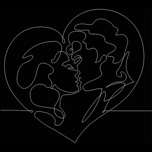 An embroidery design of a couple sharing a kiss, elegantly framed within a heart shape.