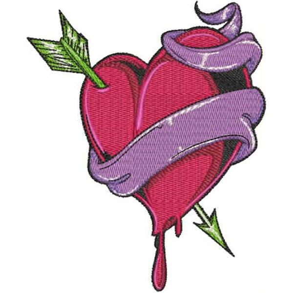 An embroidery design of a vibrant pink heart pierced by arrows, draped with a purple ribbon and dripping at the bottom.