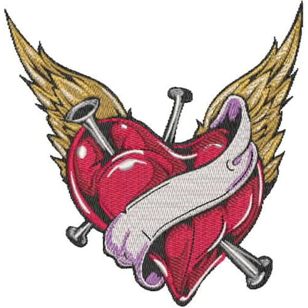 An embroidery design of a vibrant red heart with wings, adorned with nails and wrapped in a flowing banner.