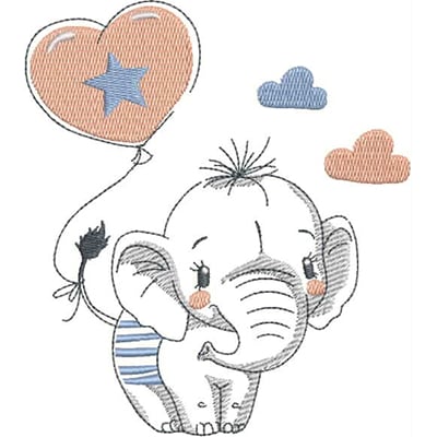 An embroidery design of a cute elephant holding a heart-shaped balloon, featuring playful colors and a charming, whimsical style.