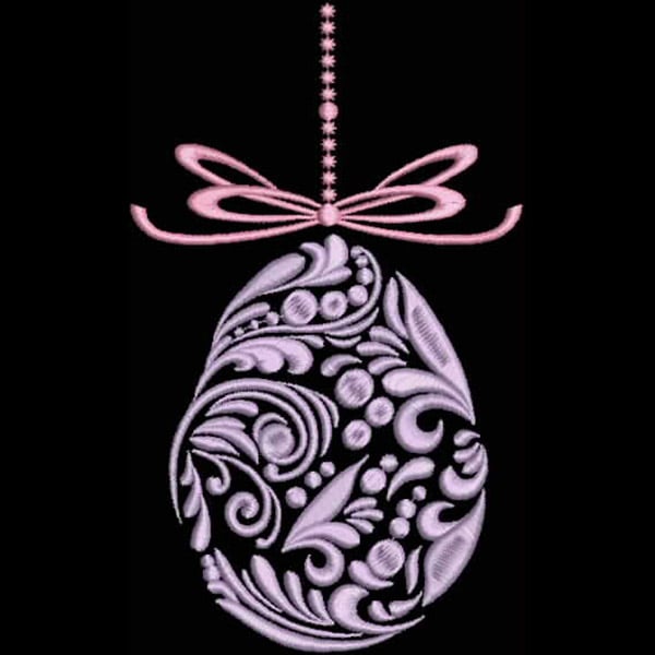 An embroidery design of an ornate egg adorned with swirling patterns and finished with a delicate pink bow.