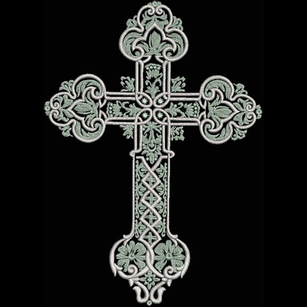 An embroidery design of an intricately detailed cross featuring floral motifs and ornate patterns.