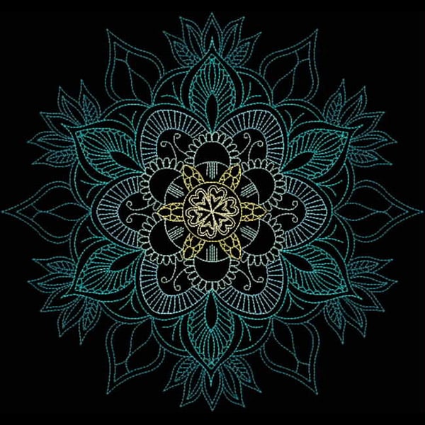 An embroidery design of an intricate floral mandala featuring detailed petals and swirling patterns in shades of blue and gold.