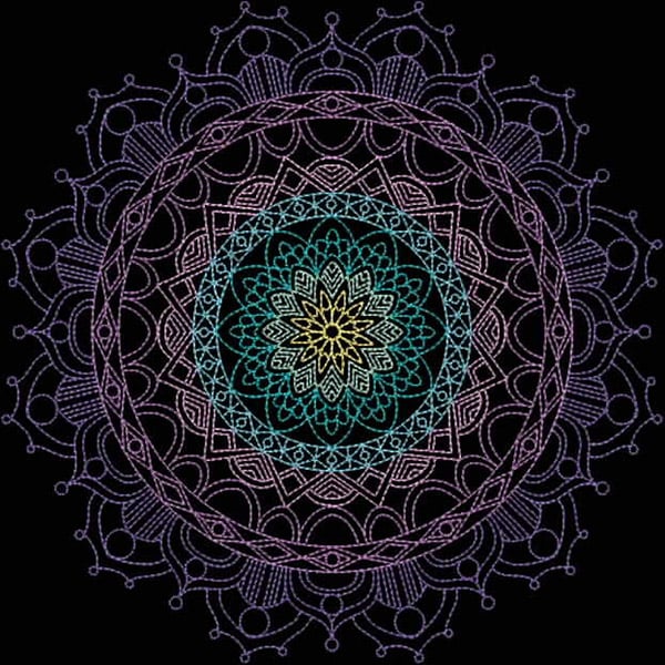 An embroidery design of a beautifully intricate mandala featuring layered patterns and vibrant colors radiating from a central floral motif.