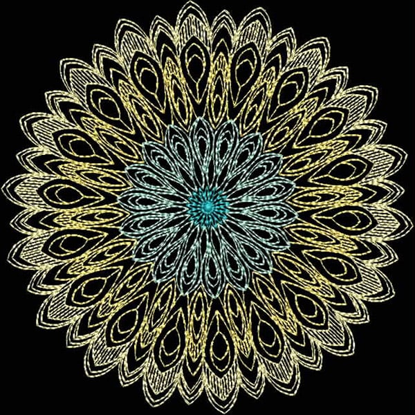 An embroidery design of a intricate mandala featuring layered petals in shades of blue and yellow radiating from a central point.