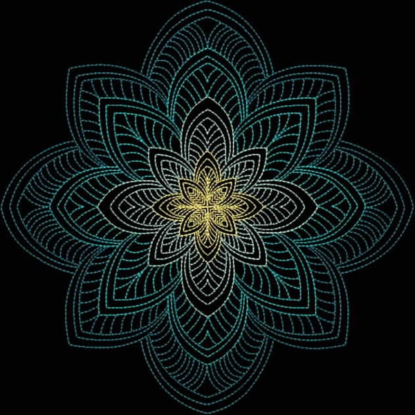 An embroidery design of a symmetrical floral pattern featuring layers of intricate leaves and petals in shades of teal, black, and gold.