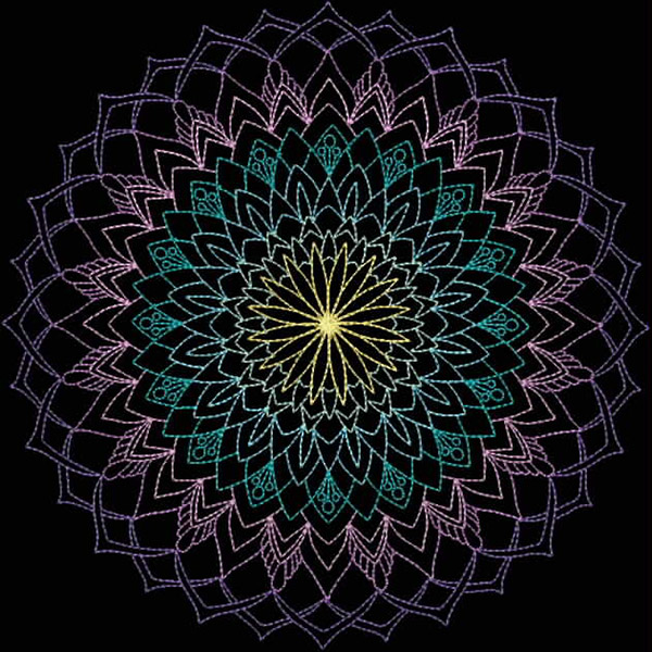 An embroidery design of a vibrant mandala with intricate layers and a gradient color palette radiating from a central star motif.
