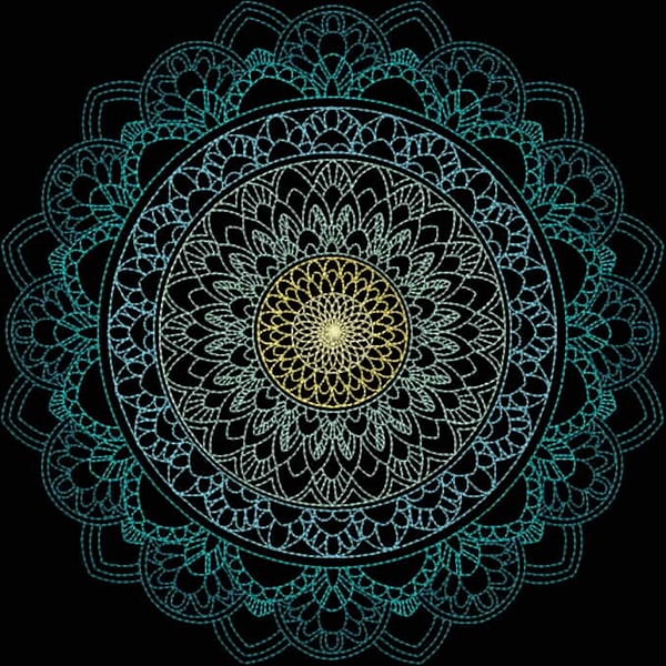 An embroidery design of a detailed mandala featuring intricate patterns and gradients of teal and gold.