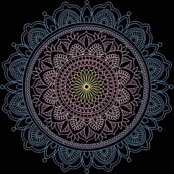 An embroidery design of a circular mandala featuring intricate floral patterns and layered circular elements in a gradient of pastel colors.
