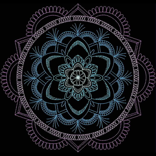 An embroidery design of a symmetrical mandala featuring intricate floral patterns and decorative elements in shades of blue and purple.