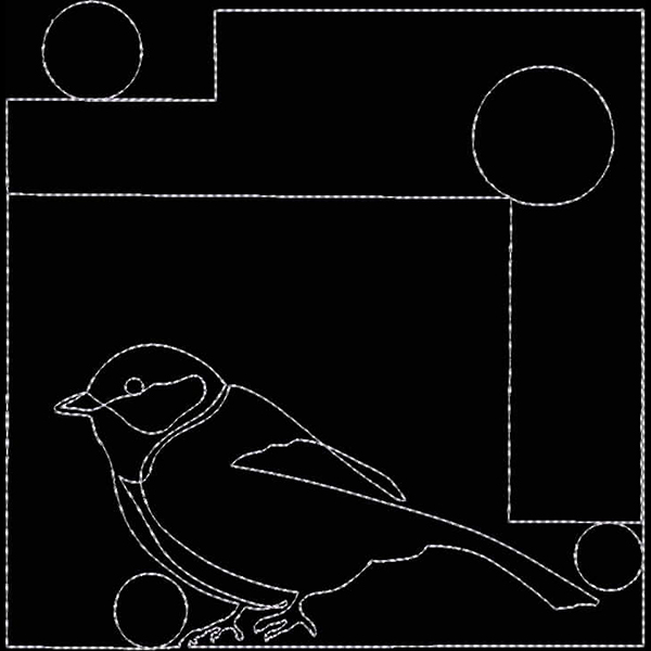 An embroidery design of a bird accompanied by geometric shapes.