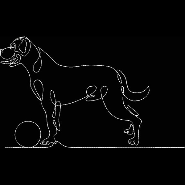 An embroidery design of a playful dog standing next to a ball, outlined in a continuous line style.