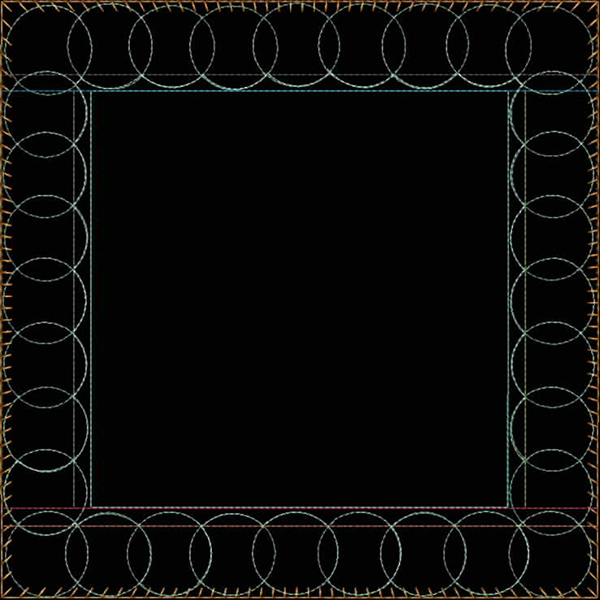 An embroidery design of a square border featuring repeating circular motifs in various colors.