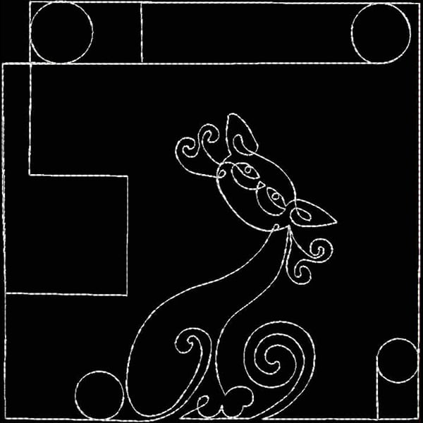 An embroidery design of a whimsical cat featuring flowing lines and curls, surrounded by circular elements.