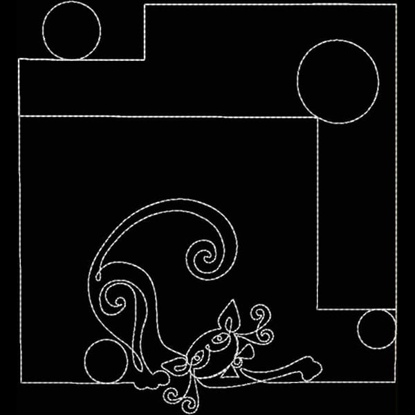 An embroidery design of a playful cat with a whimsical tail surrounded by geometric shapes.