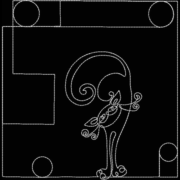 An embroidery design of a whimsical cat with curly features and an expressive tail, outlined against a contrasting background.