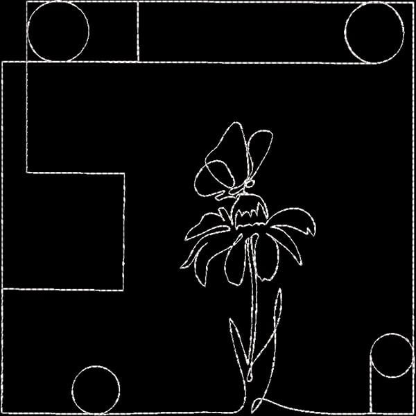 An embroidery design of a delicate flower with leaves and a bud, accompanied by circular motifs at its corners.