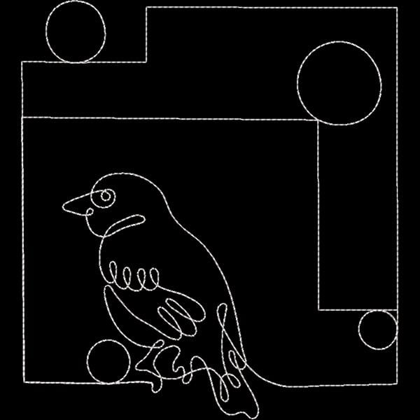An embroidery design of a stylized bird outlined with a continuous line, accompanied by geometric circular shapes.