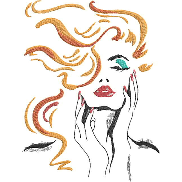 An embroidery design of a stylized woman's face with flowing hair and bold red lips, accentuated by elegant hand gestures and vibrant colors.