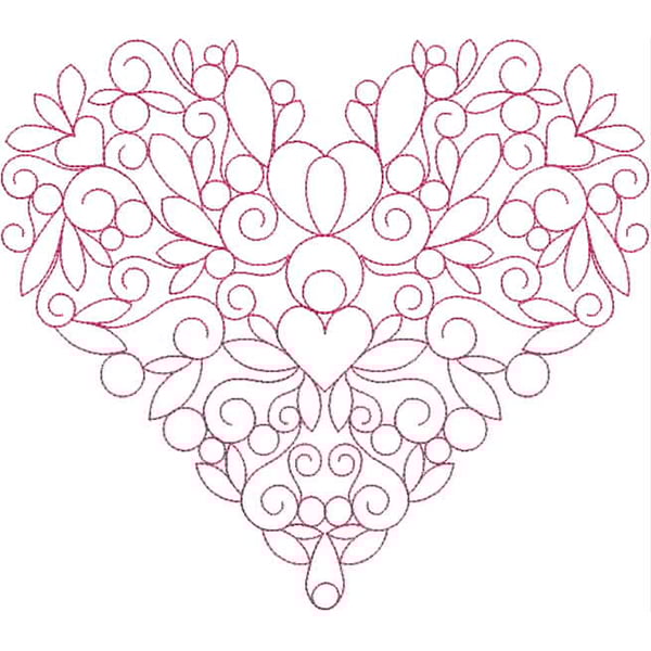An embroidery design of an intricate heart shape embellished with floral elements and swirling patterns.