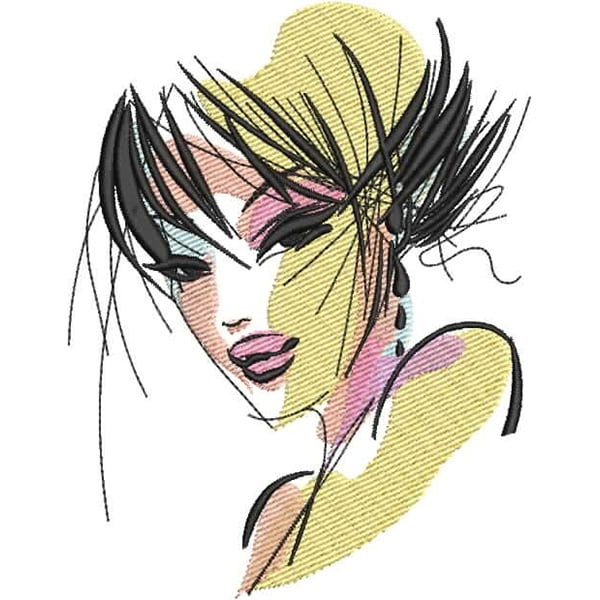 An embroidery design of a stylish, whimsical female face with striking features and bold colors.