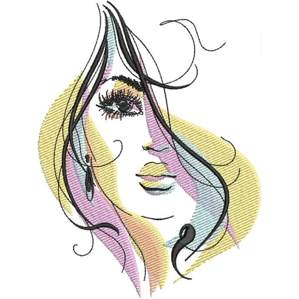 An embroidery design of a stylized face featuring flowing hair and soft, colorful accents.