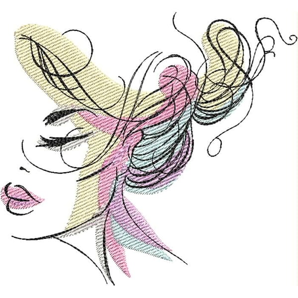 An embroidery design of a woman's profile featuring elegant flowing hair and soft facial features, highlighted with pastel colors.