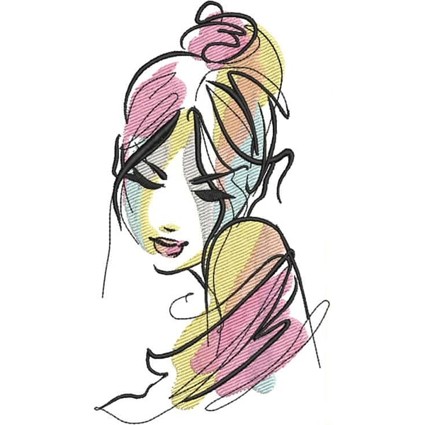 An embroidery design of a woman with a bun and flowing hair, illustrated in a soft, colorful sketch style.