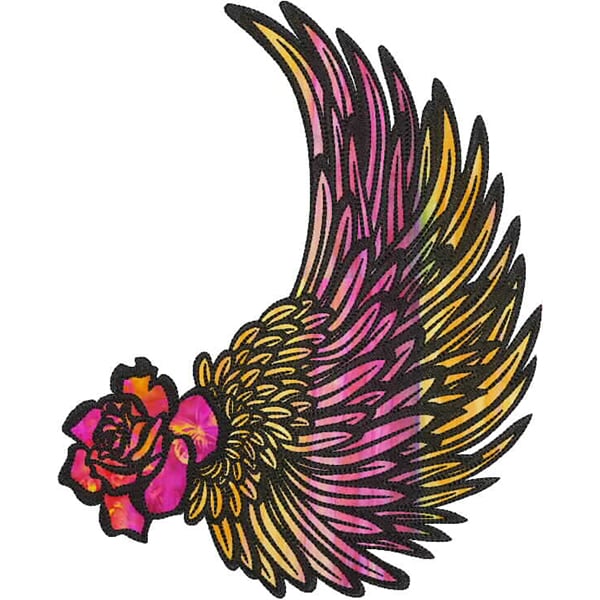 An embroidery design of a vibrant wing adorned with a blooming rose, showcasing a blend of pink and yellow colors.