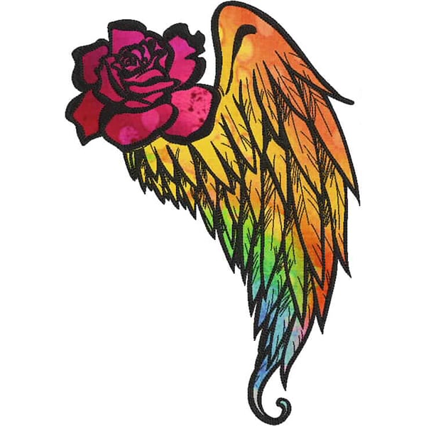 An embroidery design of a vibrant rainbow-colored wing intertwined with a bold pink rose.