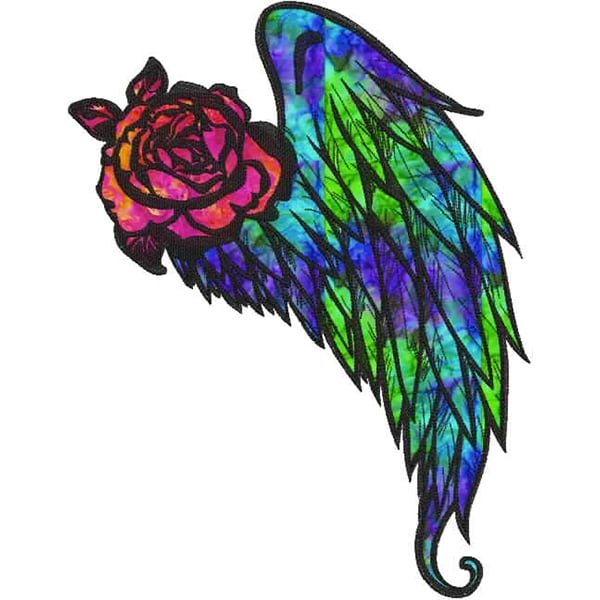 An embroidery design of a vibrant rose entwined with a colorful wing, showcasing intricate details and bold hues.