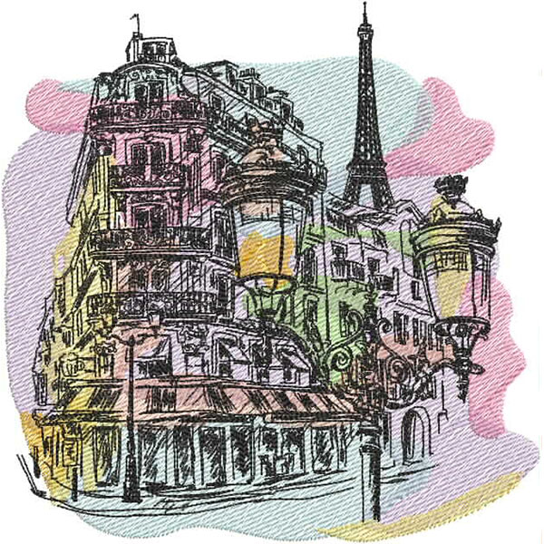 An embroidery design of a detailed architectural scene featuring elegant buildings and street lamps, with the Eiffel Tower subtly integrated into the composition.