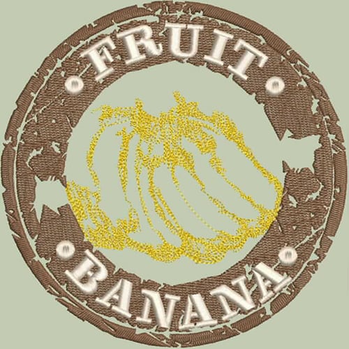 An embroidery design of a stylized banana encircled by the words "FRUIT" and "BANANA."