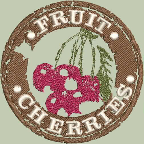 An embroidery design of cherries encircled by the words "FRUIT" and "CHERRIES."