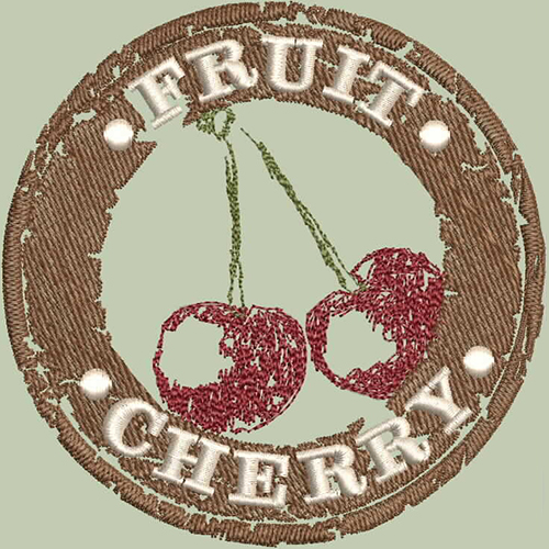 An embroidery design of two red cherries surrounded by a circular brown frame with the words "FRUIT" and "CHERRY" integrated into the design.