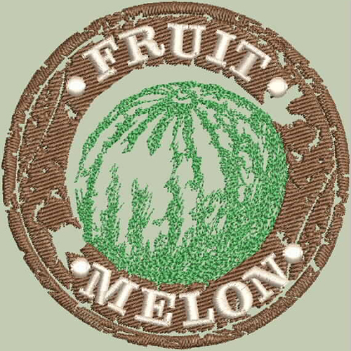 An embroidery design of a circular patch featuring a green watermelon with the words "FRUIT" and "MELON" prominently displayed.