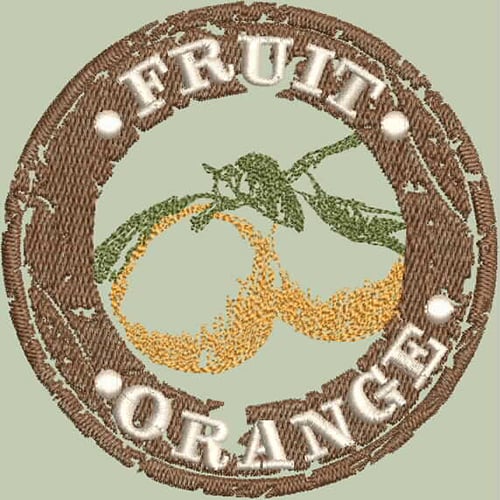 An embroidery design of two orange fruits surrounded by the text "FRUIT" and "ORANGE" in a circular shape.