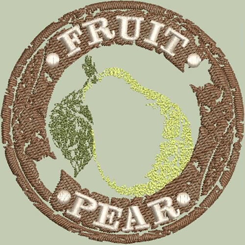 An embroidery design of a pear surrounded by the words "FRUIT" and "PEAR," enclosed in a circular frame.