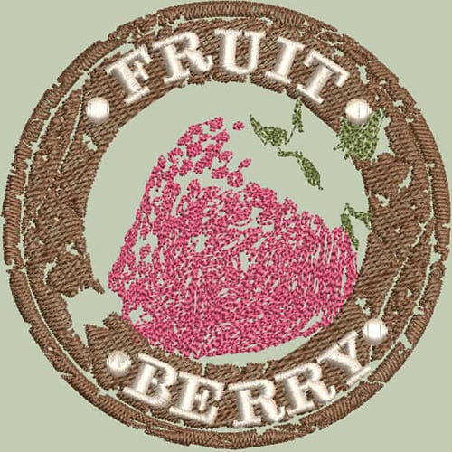 An embroidery design of a berry outlined in a circular frame with the words "FRUIT" and "BERRY" at the top and bottom.