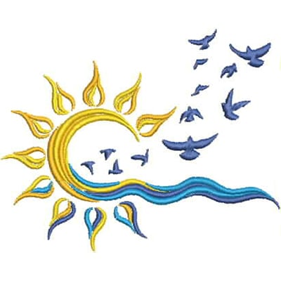 An embroidery design of a bright sun with flowing rays accompanied by a wave and several flying birds.