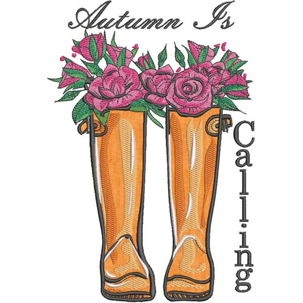 An embroidery design of a pair of yellow rubber boots overflowing with pink roses and greenery, accompanied by the text "Autumn Is Calling."
