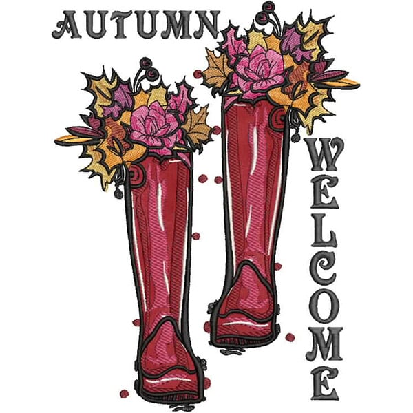 An embroidery design of vibrant red rain boots filled with flowers and leaves, accompanied by the text "AUTUMN WELCOME."